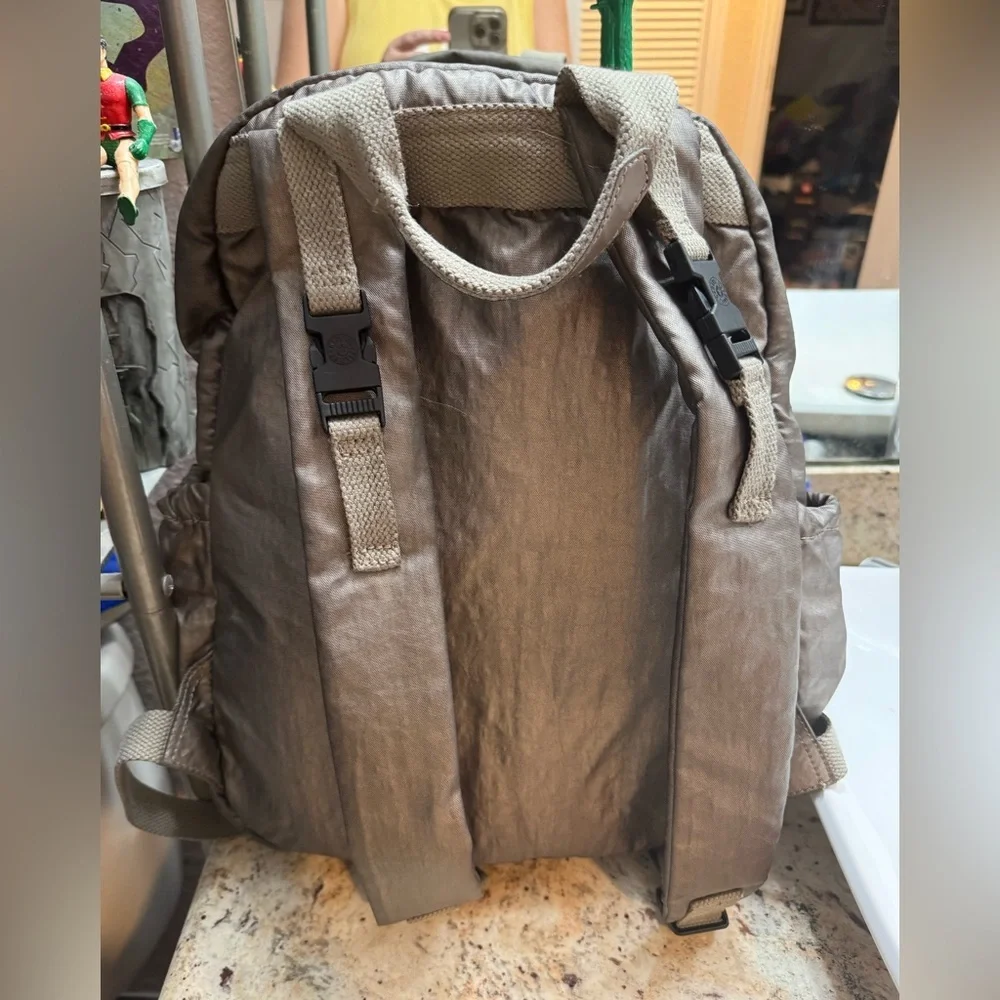 Kipling Metallic Pewter Coated Nylon Large Backpack With Diaper Pad